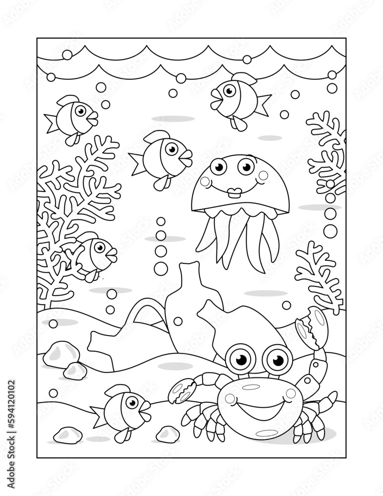 Coloring page with amphorae and underwater scene of sea life
