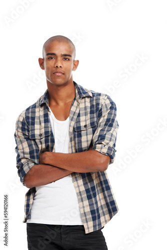 Serious, arms crossed and portrait of man on png background for fashion, handsome and trendy. Edgy, focus and confident with male isolated on transparent for pride, cool and casual style