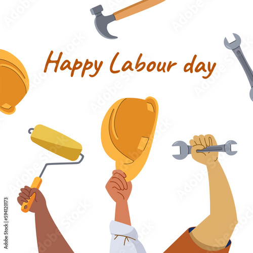 1st May Labour day square background with workers painter builder mechanic holding their work tools