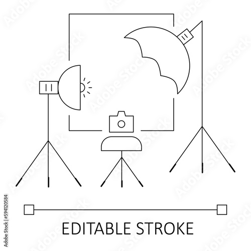 Studio photo shoot editable stroke icon. Camera Photo session workroom, flat line icon for Studio, photography and photo vector stock illustration