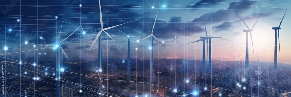 Abstract windmill farm. Clean energy environmentalism. Green renewable energy against city background. Abstract windmill farm. Clean energy environmentalism. Green renewable energy against city background.