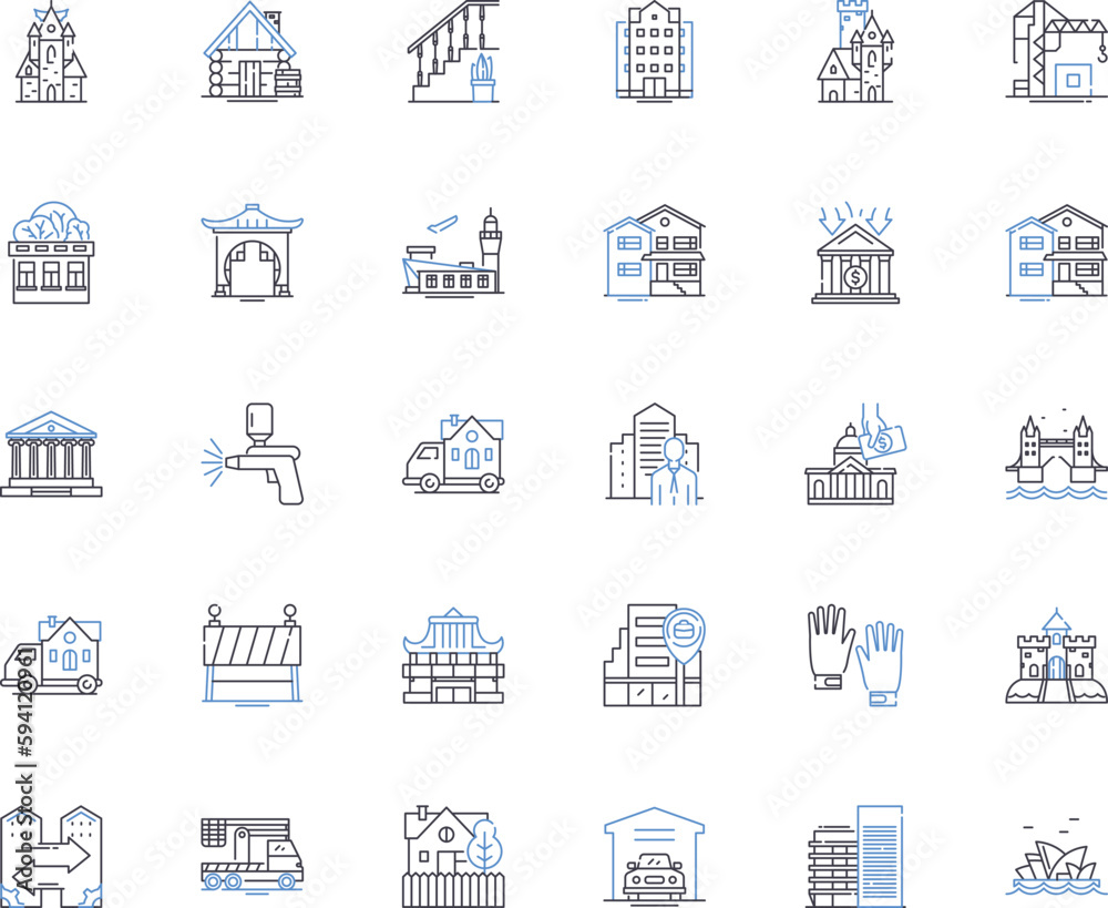 Dwelling and habitation line icons collection. Home, Residence, Abode, Domicile, Habitat, Shelter, House vector and linear illustration. Living,Living space,Tenement outline signs set