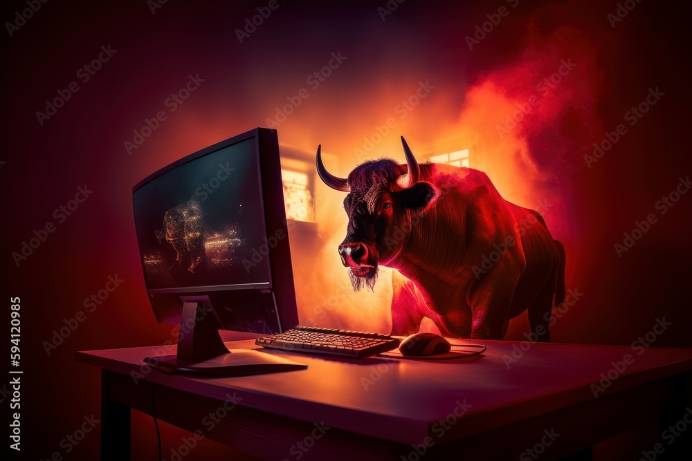 Bull trading with computer background, Bullish in Stock market and Crypto currency. Created Generative Ai - obrazy, fototapety, plakaty 