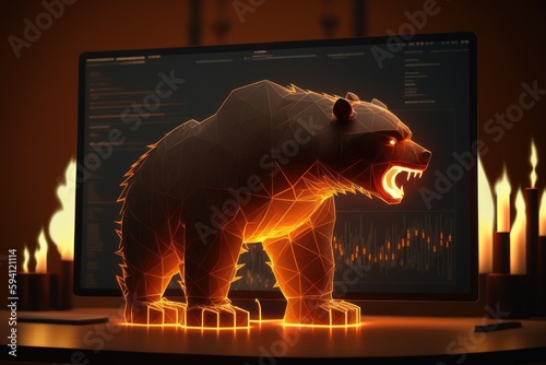 Fire sculpture of bear in front of computer screen  Bearish divergence in Stock market and Crypto currency. Created Generative Ai