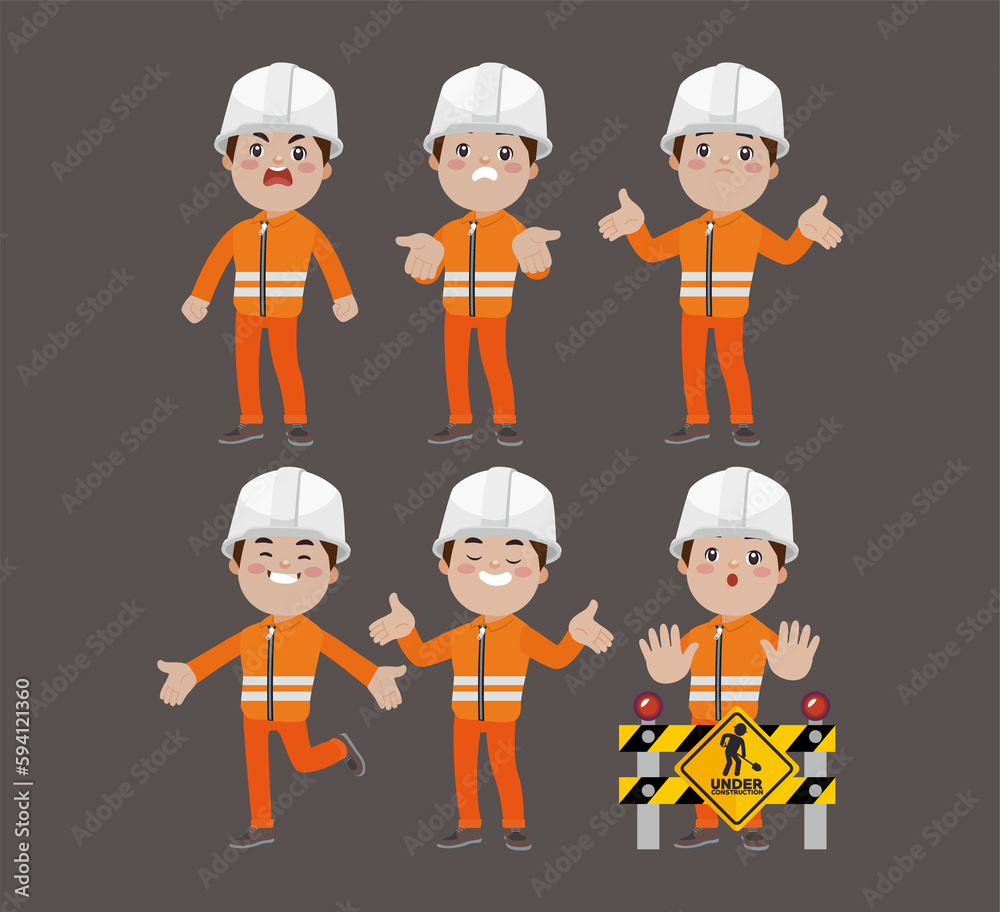 Set of worker with different poses