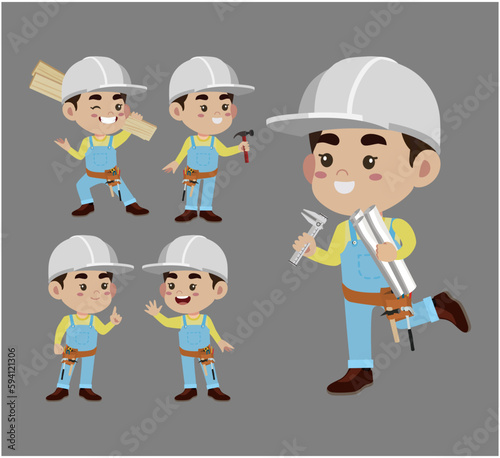 Set of worker with different poses