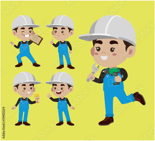 Set of worker with different poses