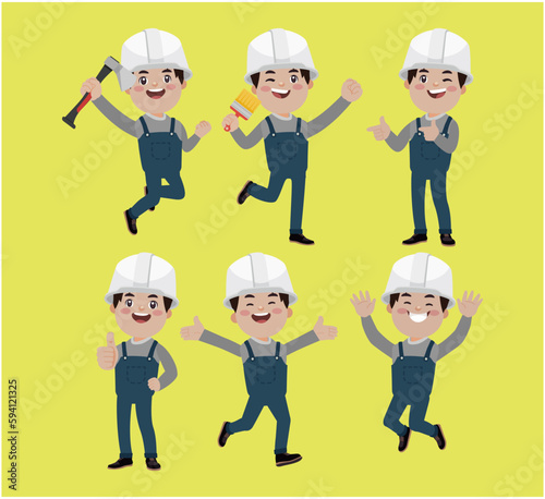 Set of worker with different poses