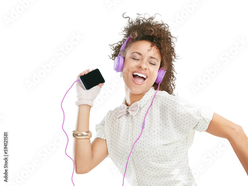 Mobile, dance or happy woman singing in headphones for music, radio or audio on png background. Cool fashion, freedom or crazy Brazilian girl dancer streaming fun online song or dancing isolated