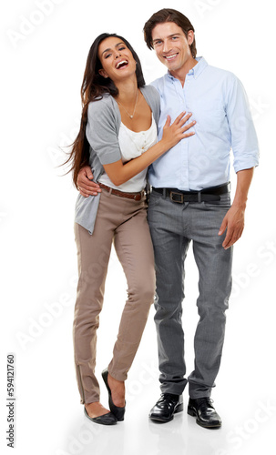 Laugh, love and portrait of couple hug with smile on isolated, png and transparent background. Relationship, marriage and happy man and woman hugging, embrace and together for valentines day romance