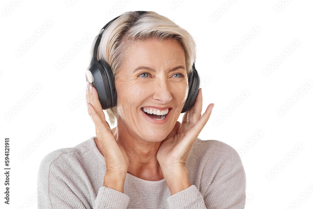 Foto Stock Thinking, music and PNG with a senior woman isolated on a  transparent background while listening to the radio. Happy, smile and idea  with a mature female streaming audio via a