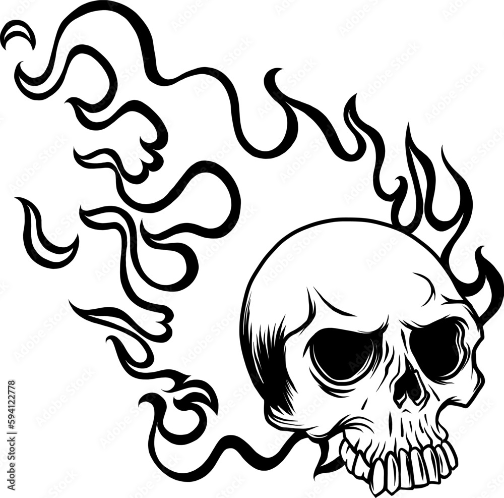 Skull on Fire with Flames Vector Illustration. black and white fire skull