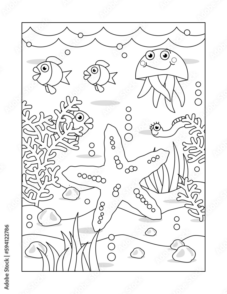 Coloring page with starfish and underwater scene of sea life
