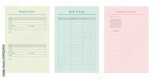 set 3 of Reading note, book to read, reading journal planner. Vector illustration. List.