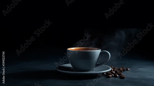 coffee cup with smoke isolated on dark background. Coffee cup and coffee beans on table