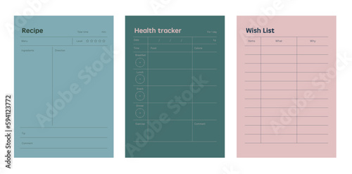 Recipe Healthtracker wishlist planner. Business organizer page. Paper sheet. Realistic vector illustration. photo