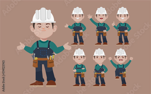 Set of worker with different poses