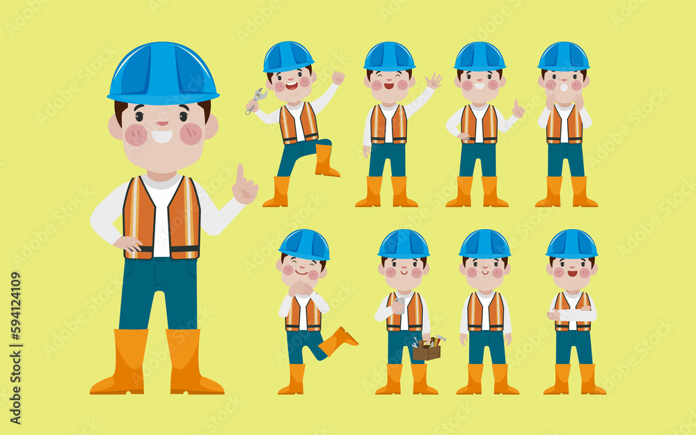 Set of worker with different poses