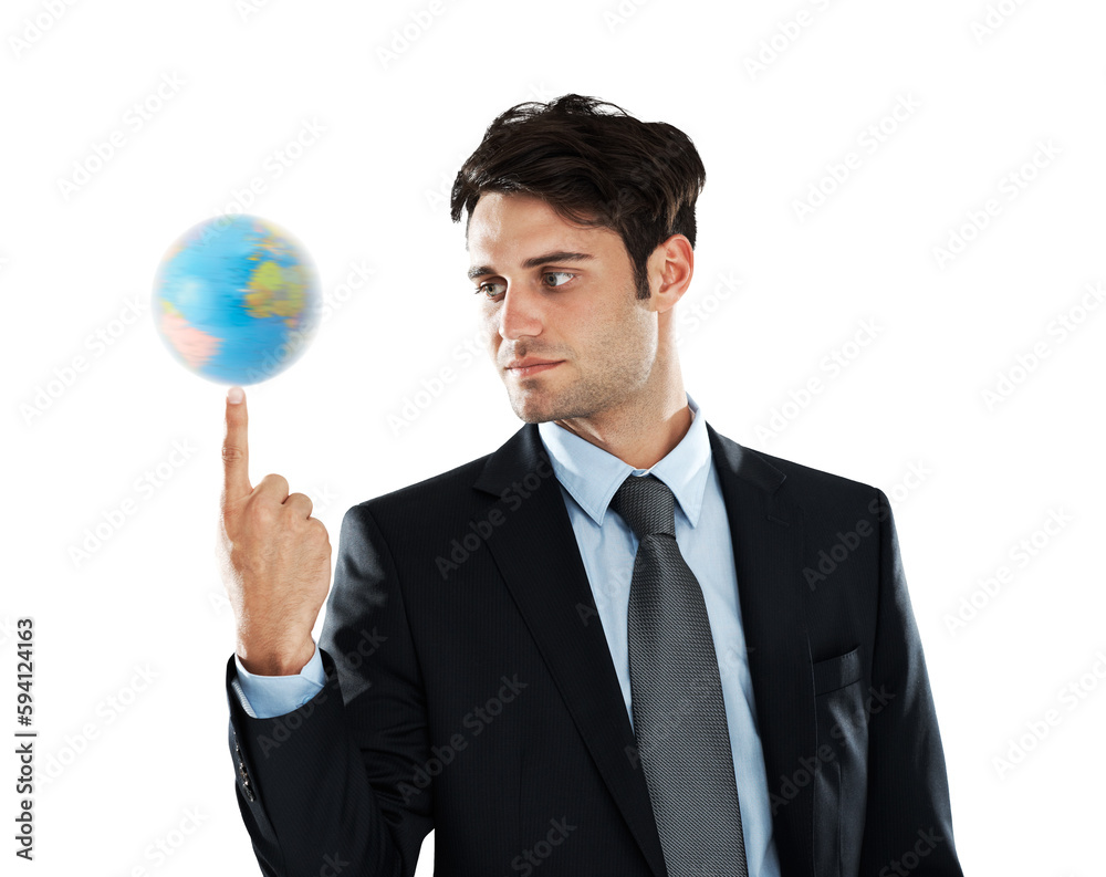 Globe, earth on finger and business man for networking on isolated, png and transparent background. International, professional and male entrepreneur with world for branding, global travel and map Globe, earth on finger and business man for networking on isolated, png and transparent background. International, professional and male entrepreneur with world for branding, global travel and map