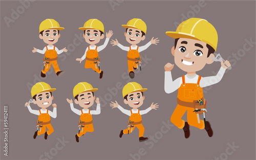 Set of worker with different poses
