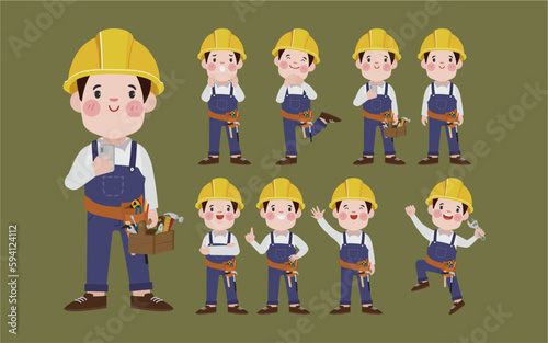 Set of worker with different poses