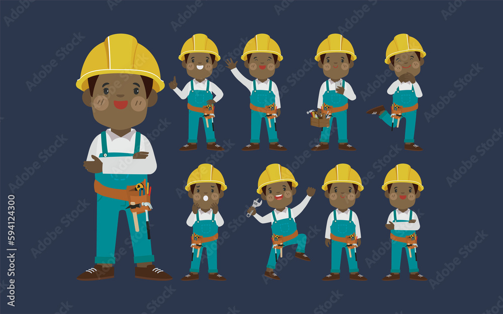 Set of worker with different poses