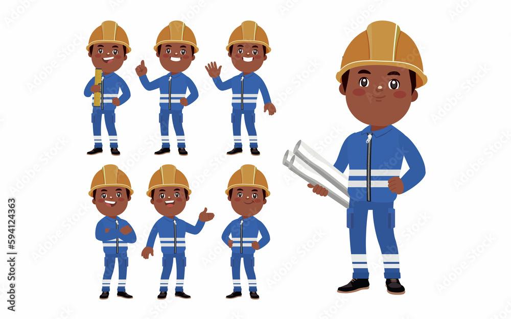 Set of worker with different poses