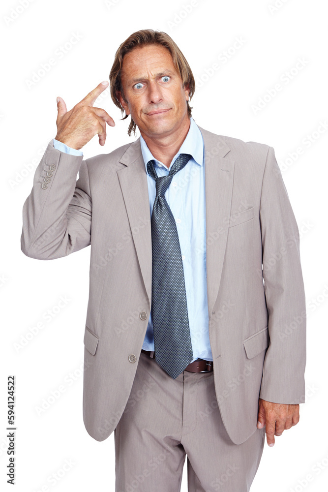 Portrait, crazy or businessman with hand gun for work deadlines, stupid mistakes or mental health problems. Finger, frustrated or stressed employee thinking isolated on transparent png background Portrait, crazy or businessman with hand gun for work deadlines, stupid mistakes or mental health problems. Finger, frustrated or stressed employee thinking isolated on transparent png background