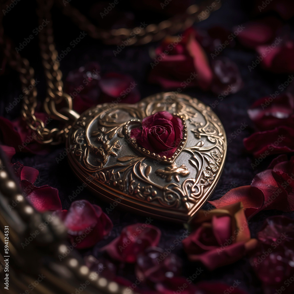 Close-up of a heart-shaped locket, intricately designed and lying on a bed of rose petals. Close-up of a heart-shaped locket, intricately designed and lying on a bed of rose petals.