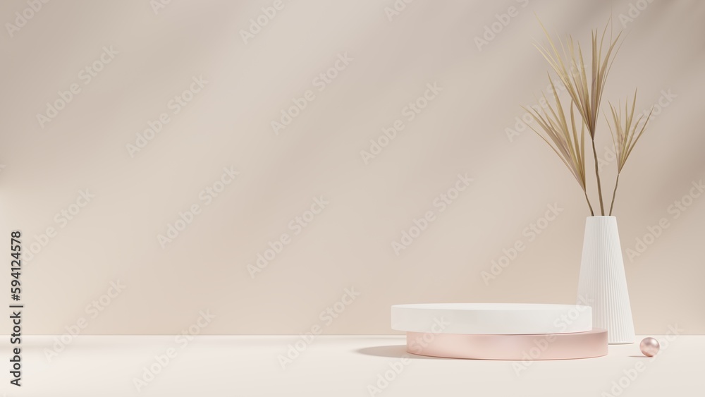 White empty podium or pedestal for product presentation. Round mockup platform on beige background. 3d rendering White empty podium or pedestal for product presentation. Round mockup platform on beige background. 3d rendering
