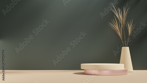 Beige empty podium or pedestal for product presentation. Round mockup platform on dark green background. 3d rendering