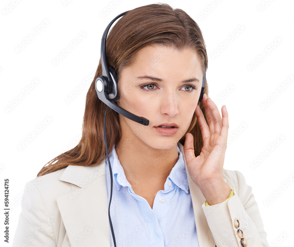 Call center, telemarketing and serious woman thinking isolated on a transparent png background. Customer service, listening and female person, sales agent or business consultant with crm headset. Call center, telemarketing and serious woman thinking isolated on a transparent png background. Customer service, listening and female person, sales agent or business consultant with crm headset.