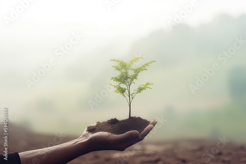 person planting a young tree in soil with their hand. Generative AI
