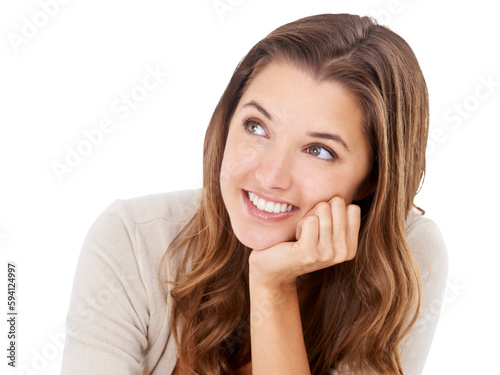 Woman, face and thinking of happy idea with beauty and smile isolated on png, transparent background. Young female model think of positive mindset, natural skin choice and happiness or memory