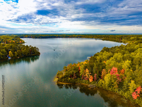Wisconsin lake in the fall, drone footage