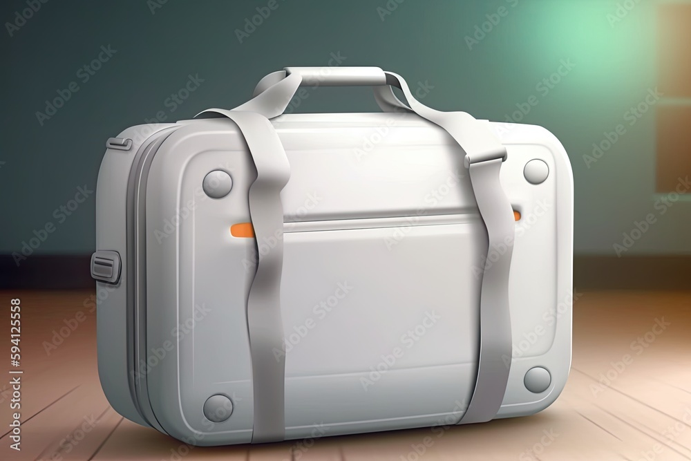white suitcase on a wooden floor. Generative AI white suitcase on a wooden floor. Generative AI