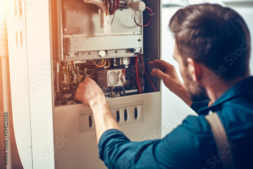 Repairman fixing a broken electric boiler or furnace with focus on his hand Fototapet