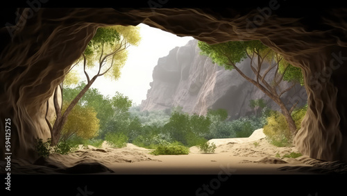 Natural window in a cave facing a grove. Generative AI © ribelco