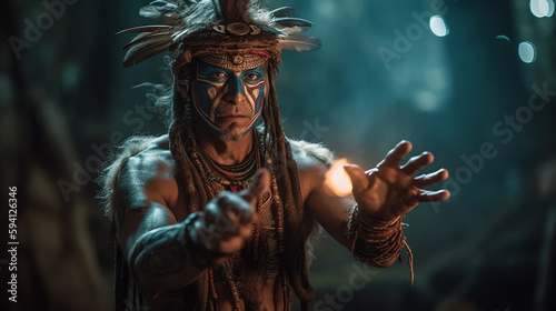 Shaman man with feathers on his head. Ai generated