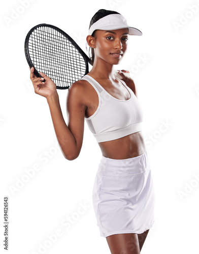 Portrait, exercise and PNG with a woman tennis player isolated on a transparent background for health or sports. Fitness, focus and confident with a female indian athlete looking ready for a game © Krunal/peopleimages.com