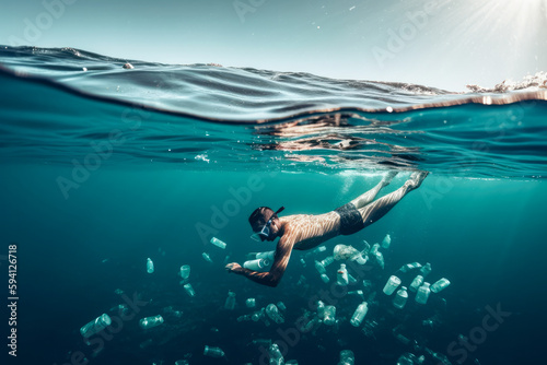 Man swimming underwater with plastic bottles and other waste floating around him, high quality generative ai