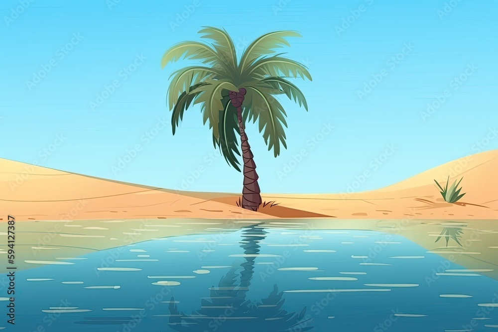palm tree on a serene beach overlooking the ocean. Generative AI