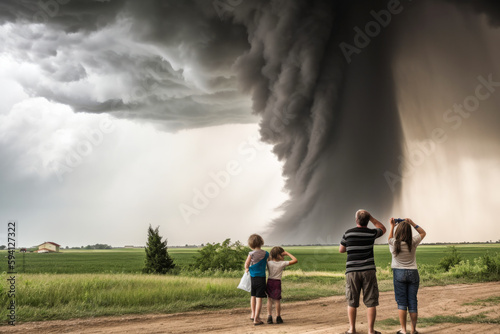 Group of people observing a strong storm with large tornado , high quality generative ai