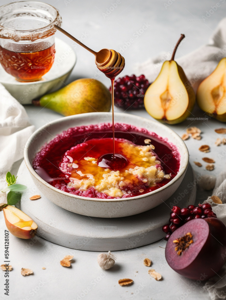 Beetroot and apple porridge with apple and pears breakfast bowl Beetroot and apple porridge with apple and pears breakfast bowl
