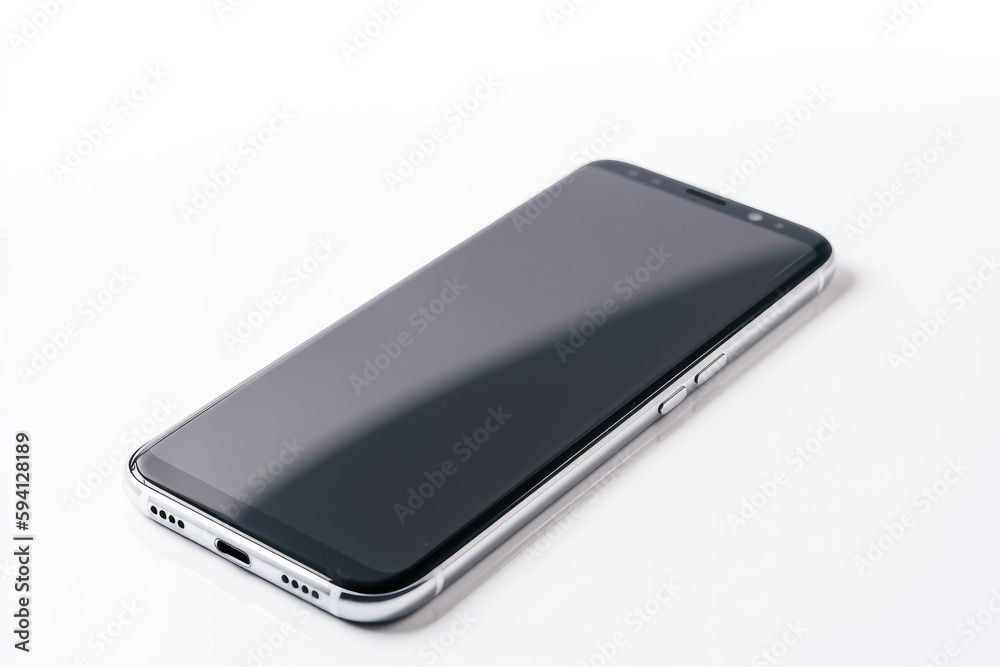 Top down view of a modern smartphone on a white high key background, with copyspace. High quality generative AI Top down view of a modern smartphone on a white high key background, with copyspace. High quality generative AI
