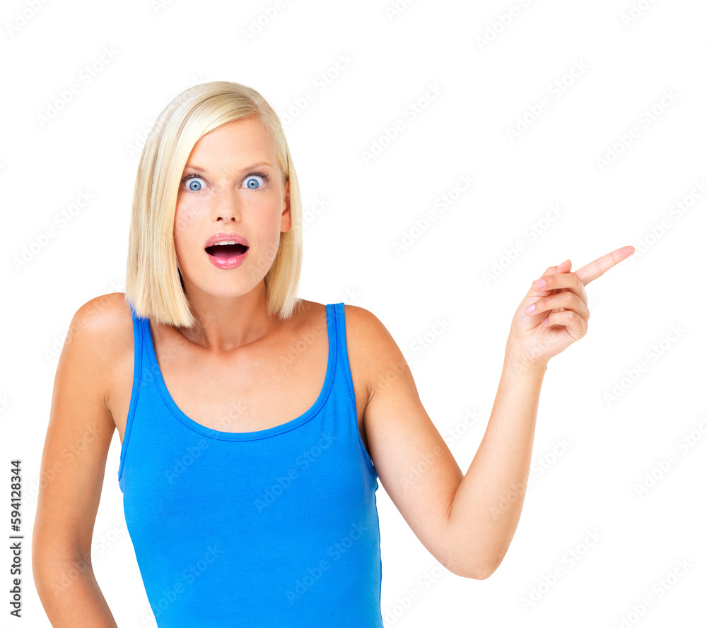 Fototapeta premium Wow, shocked and woman in portrait pointing while isolated on a transparent png background. Surprised female advertising promotion, marketing and presentation of branding, sale and news announcement