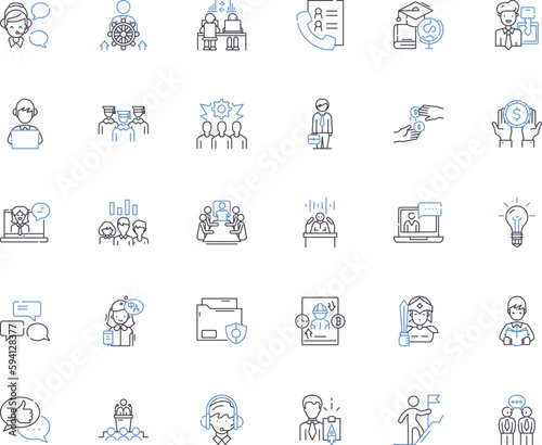 Staff employment line icons collection. Recruitment, Hiring, Onboarding, Training, Retention, Promotion, Performance vector and linear illustration. Compensation,Benefits,Diversity outline signs set