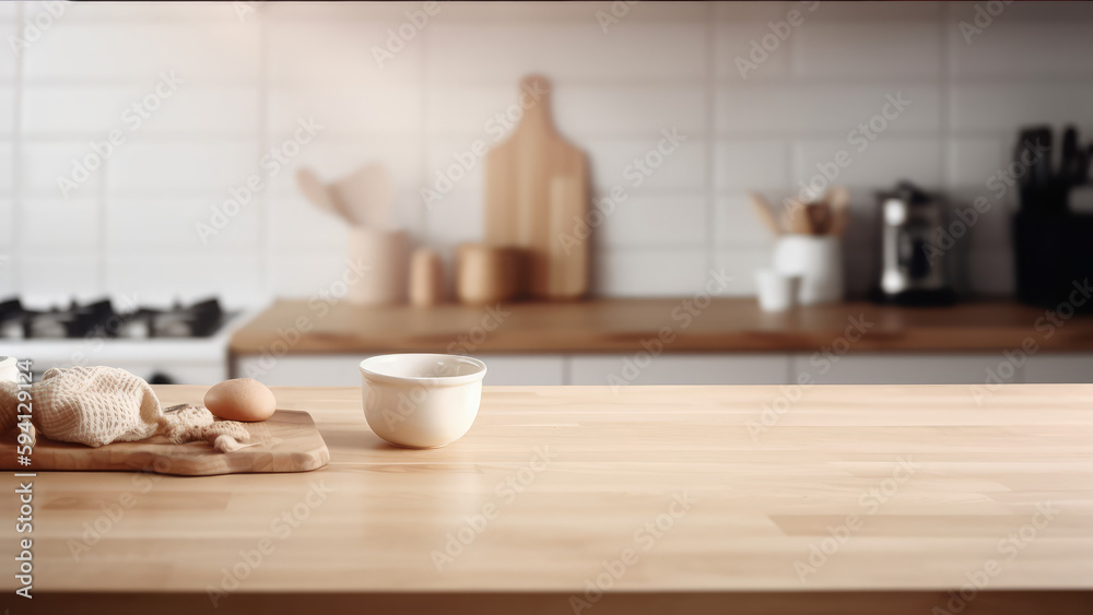 Wooden texture table top on blurred kitchen window background. For product display or design key visual layout. For showcase or montage your items (or foods). Product display mock up. Generative AI Wooden texture table top on blurred kitchen window background. For product display or design key visual layout. For showcase or montage your items (or foods). Product display mock up. Generative AI