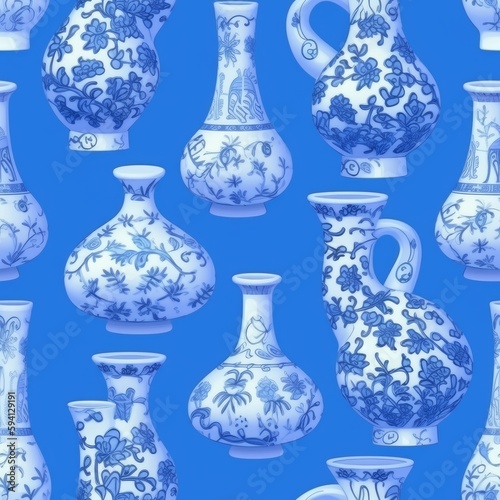 Seamless pattern with oriental inspired vases in porcelain. Made with Generative AI.