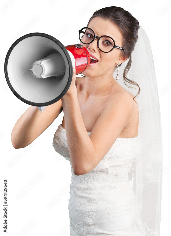 Funny Hipster Bride with Loudspeaker Isolated Funny Hipster Bride with Loudspeaker Isolated